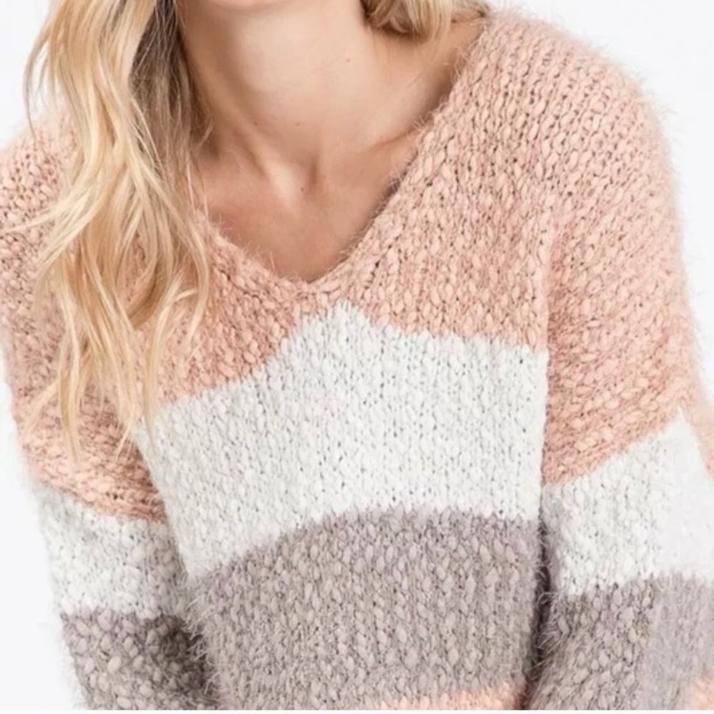 Blush Pink Striped Fuzzy Eyelash Popcorn Sweater - Picture 2 of 2